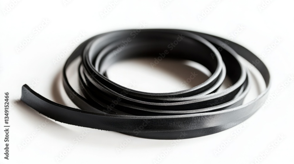 Naklejka premium Close-up of a coil of sleek, black leather cord, ideal for crafting or design projects. The texture is smooth with a subtle sheen.