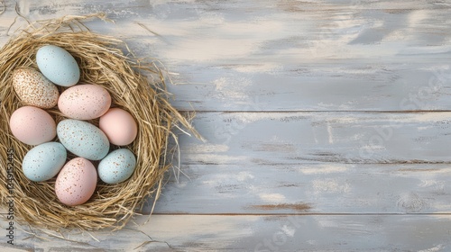 Obraz na płótnie Speckled Pastel Easter Eggs on Wooden Surface.. w salonie