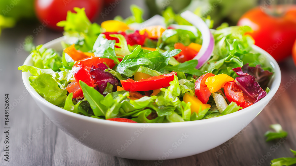 Fresh vegetable salad with vibrant colors and textures in a white bowl on a wooden surface Fresh vegetable salad with vibrant colors and textures in a white bowl on a wooden surface
