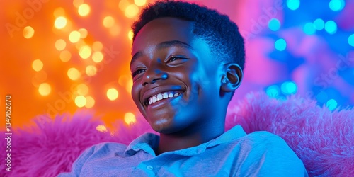 A radiant young boy, his sm...