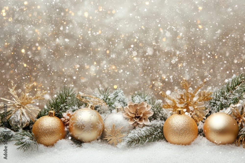 Christmas Background with Golden Decorations and Snow.
