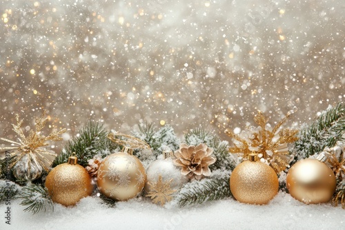 Christmas Background with Golden Decorations and Snow.