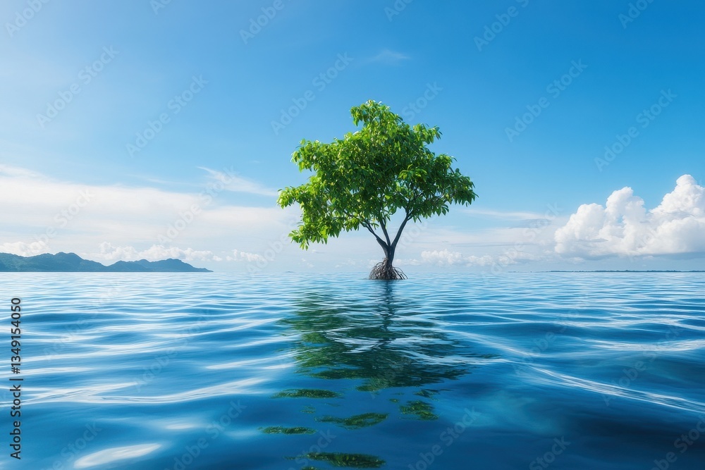 A solitary tree stands in tranquil waters under a bright blue sky, surrounded by gentle waves and distant mountains, creating a serene landscape. A solitary tree stands in tranquil waters under a bright blue sky, surrounded by gentle waves and distant mountains, creating a serene landscape.