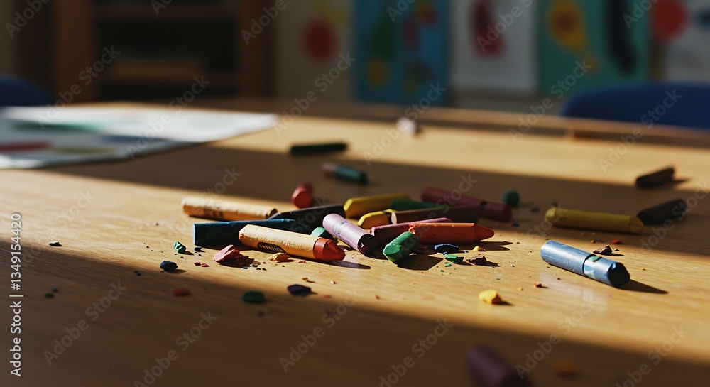 Fototapeta premium Scattered Crayons on a Wooden Table Ready for Coloring Time