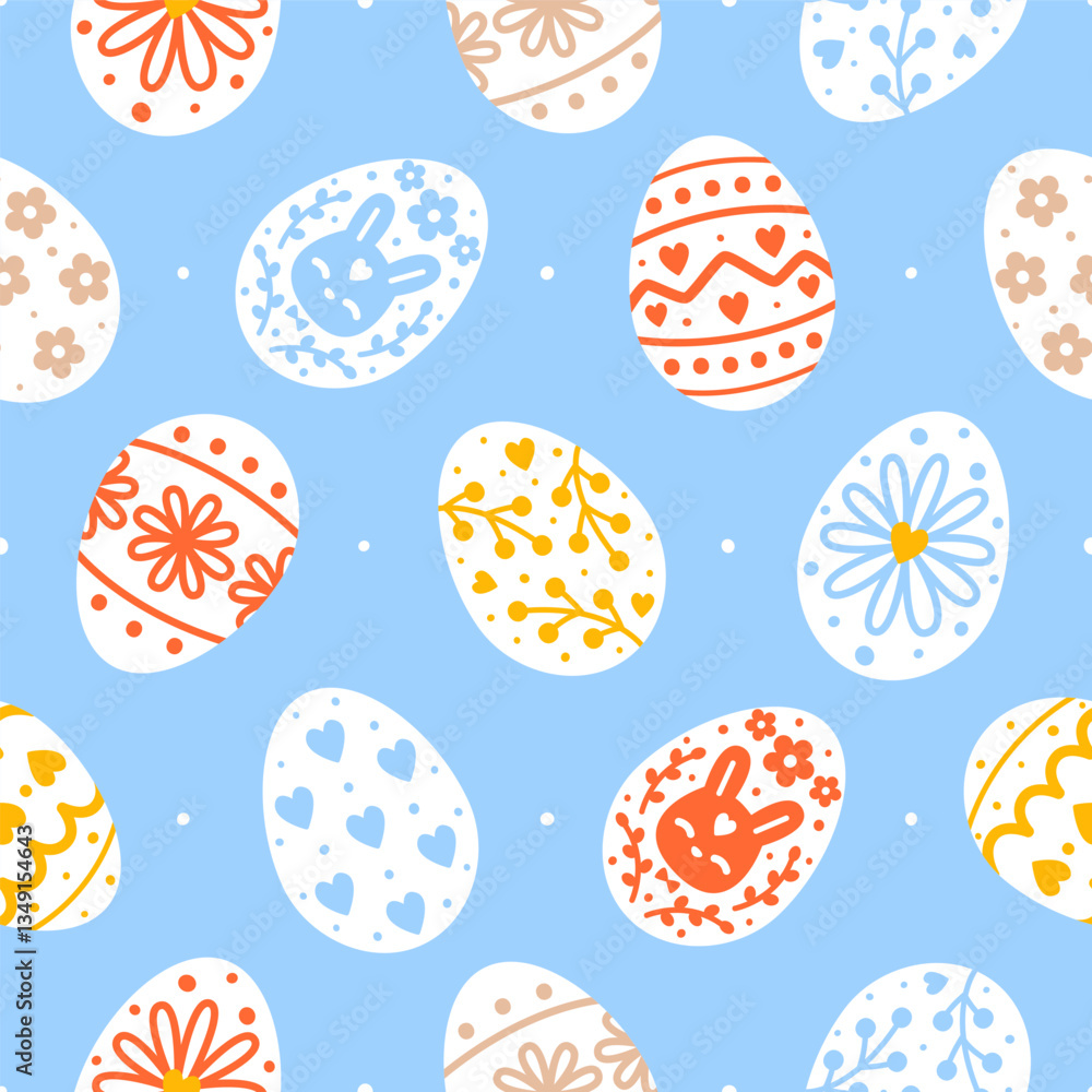 Seamless pattern with color Easter eggs on blue background for Your spring holiday design 2 Seamless pattern with color Easter eggs on blue background for Your spring holiday design 2