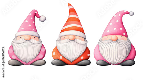 Cute Watercolor Illustration Of Christmas Gnomes In Pink And Red Hats With White Beards Isolated On Transparent Background Optimized Adobe Stock Photo