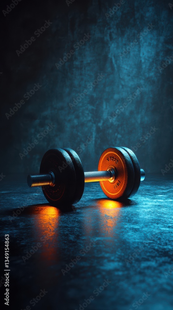 Glowing Dumbbell on Black Blurred Floor