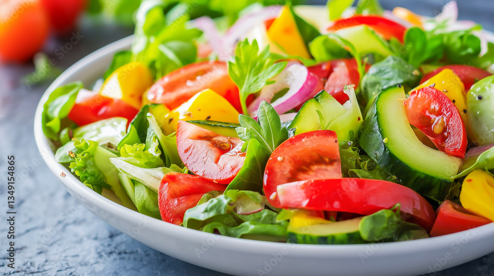 Fresh salad with vibrant vegetables served in a white bowl on a textured surface Fresh salad with vibrant vegetables served in a white bowl on a textured surface