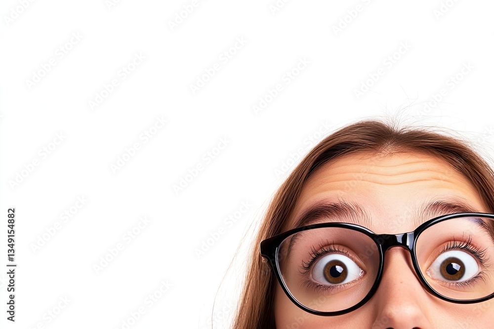 Surprised Woman Wearing Glasses with Wide Eyes Looking Up Curiously Surprised Woman Wearing Glasses with Wide Eyes Looking Up Curiously