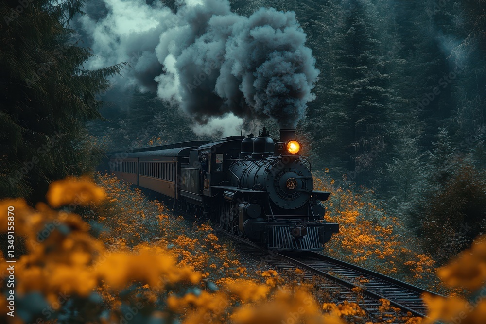 Black Steam Train in a Forest with Yellow Flowers.