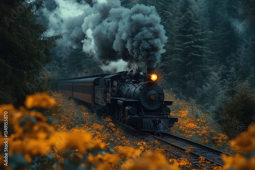 Obraz na płótnie Black Steam Train in a Forest with Yellow Flowers. w salonie