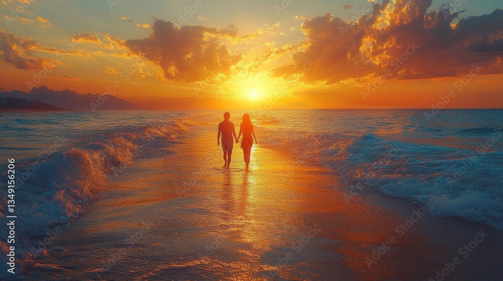 Fototapeta premium Silhouette Couple Walking on Beach Shoreline at Sunset in Warm Golden Hour Lighting