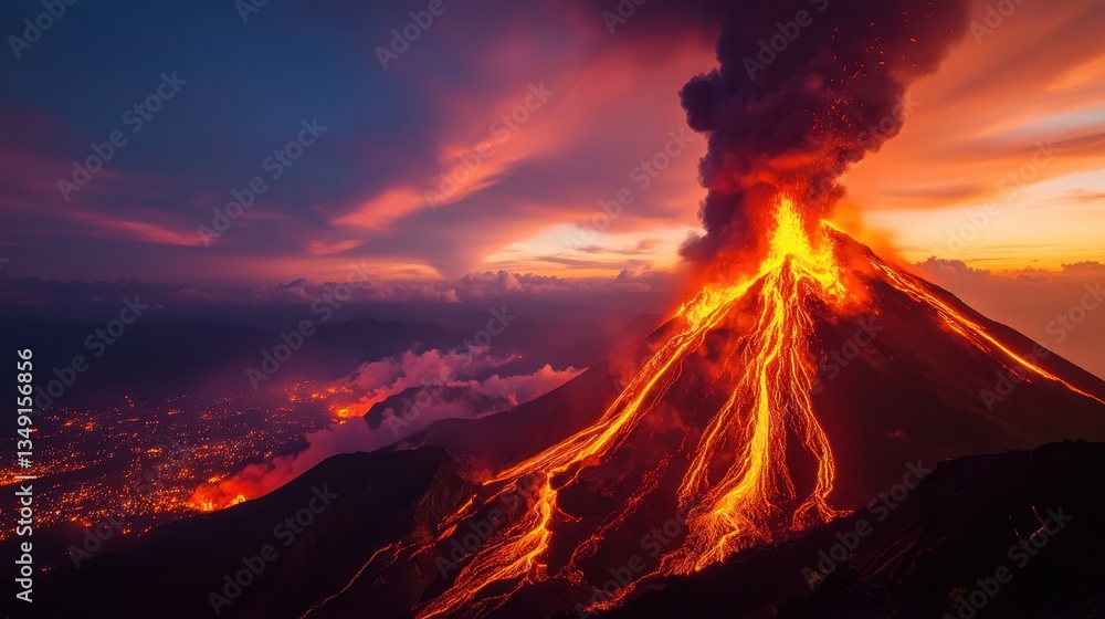 Fototapeta premium A breathtaking view of an erupting volcano, with glowing lava flows and dark smoke against a colorful sunset sky.