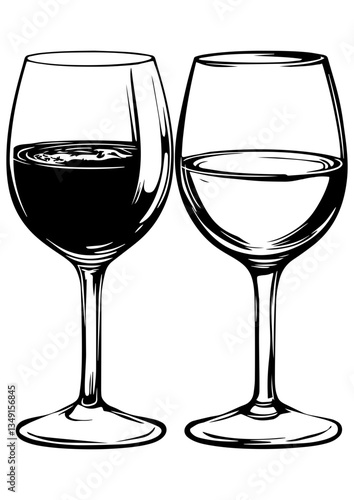 Black and white vector illustration of wine glass and drink. Alcohol theme. Perfect for engraving, laser cutting, tattoo idea, logo, line art, and vector sketch.