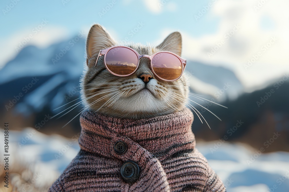 Elegant cat posing against blurred mountain scenery.