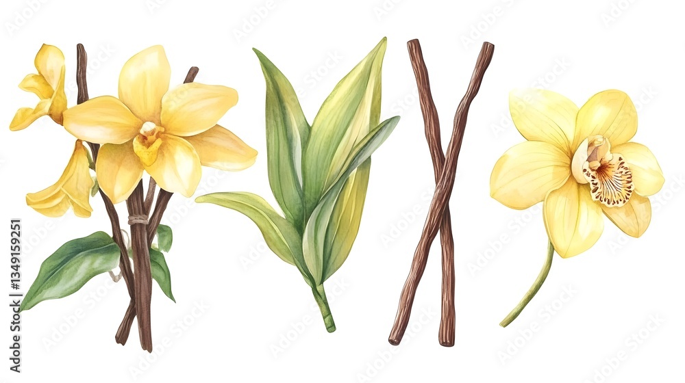 Fototapeta premium Elegant Watercolor Yellow Vanilla Flowers and Dried Sticks Design Element