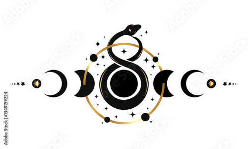 Moon Phases border frame and Mystical snake, wicca banner celestial sign. Triple moon pagan Wiccan goddess symbol, Sacred geometry, wheel of the year, vector isolated on white background