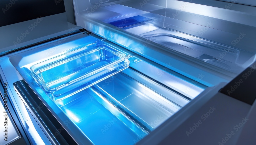 Luminous Refrigerator Interior: Gleaming Glass Crisper Drawer Luminous Refrigerator Interior: Gleaming Glass Crisper Drawer