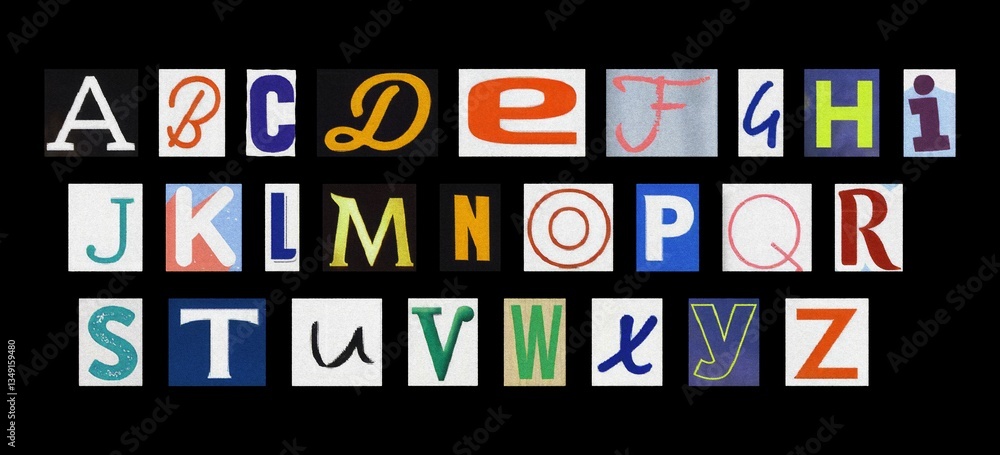 Isolated letters set, english alphabet cutout from magazines on black background Isolated letters set, english alphabet cutout from magazines on black background