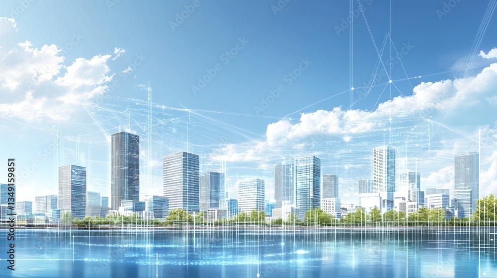 Fototapeta premium Futuristic city skyline, digital network, clear sky, tranquil water, background image, for use in presentations, brochures, or websites