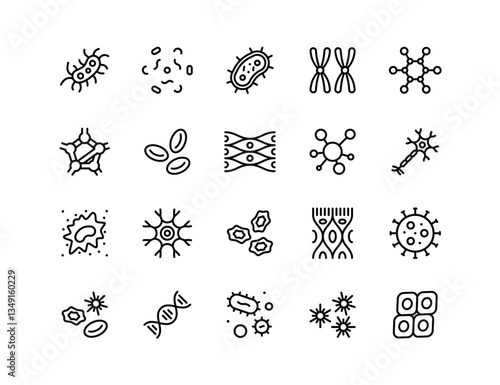 Biology and Science Vector Icon Set – Bacteria, Virus, DNA, Molecule, Cells, Neurons, Blood Cells, Stem Cells, Chromosomes, Leukocyte, Erythrocyte, Thrombocyte, Medical, Laboratory