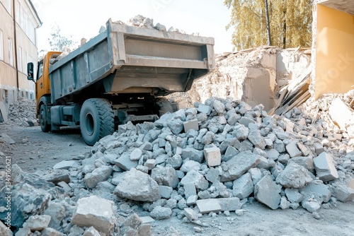Construction Dump Truck Loaded with Debris at Demolition Site