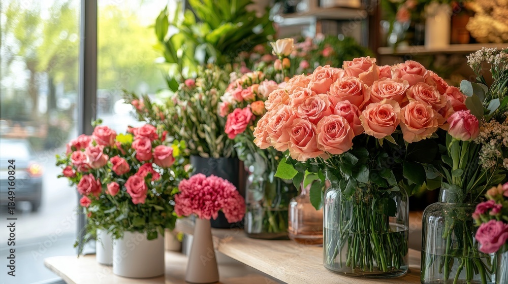 Vibrant pink roses and assorted flowers displayed in glass vases on a wooden table Vibrant pink roses and assorted flowers displayed in glass vases on a wooden table