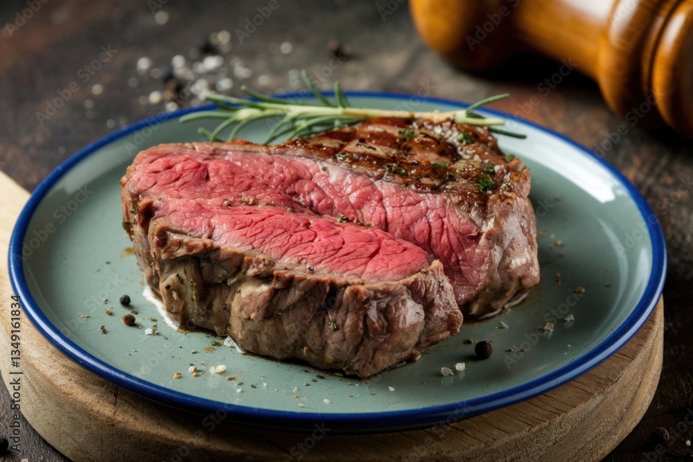 Fototapeta premium Delicious lean sirloin steak served on a blue plate with fresh herbs and seasoning for an appetizing meal