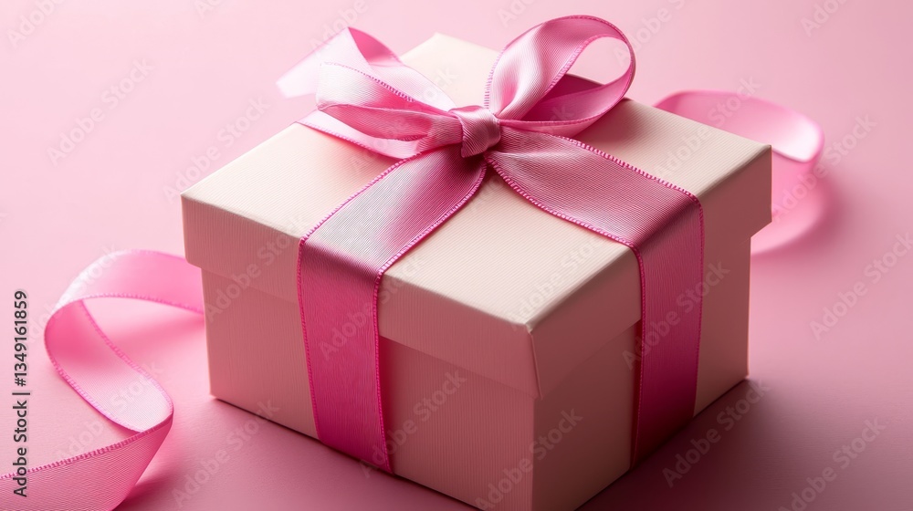 Fototapeta premium A soft pink gift box with a pastel pink ribbon, minimalist style, isolated on a gradient pink background, sharp details, perfect lighting