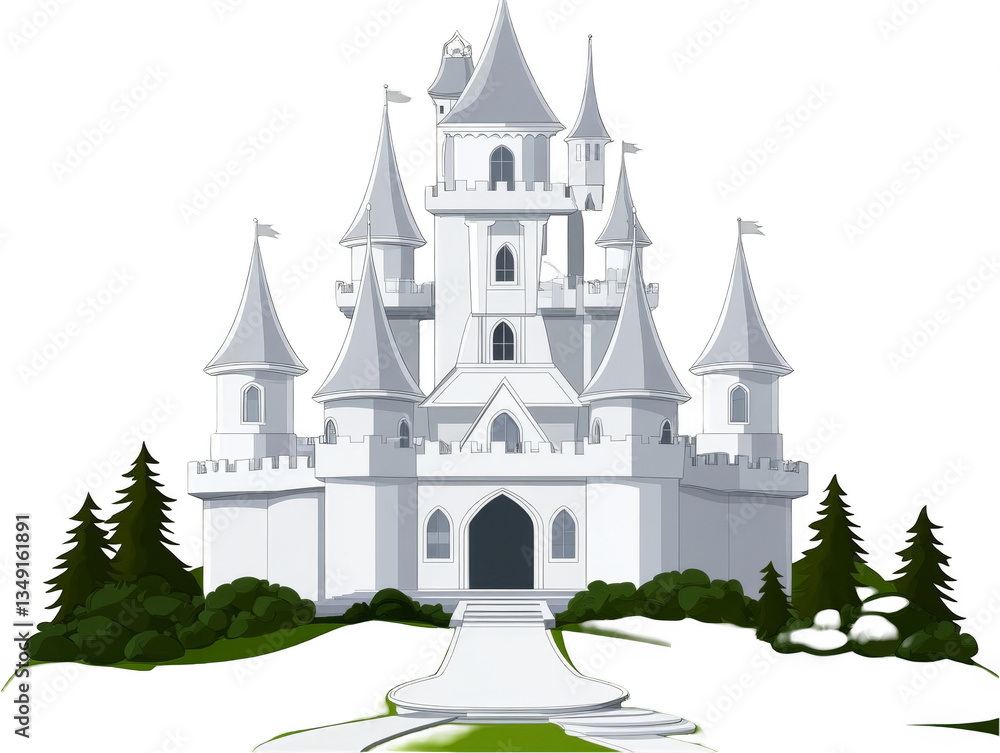 Obraz premium White Castle Illustration With Green Trees And Pathway On A Transparent Background A Fairytale Fantasy Architecture Design With Geometric Shapes And Silhouette Style