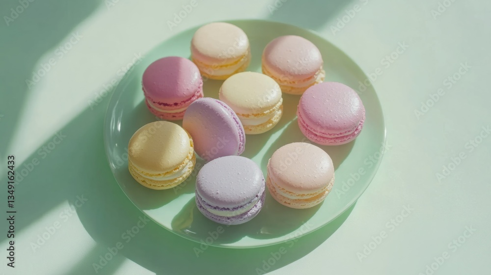 Pastel-colored macarons arranged on a mint green plate, bathed in soft sunlight. A delightful treat! Pastel-colored macarons arranged on a mint green plate, bathed in soft sunlight. A delightful treat!