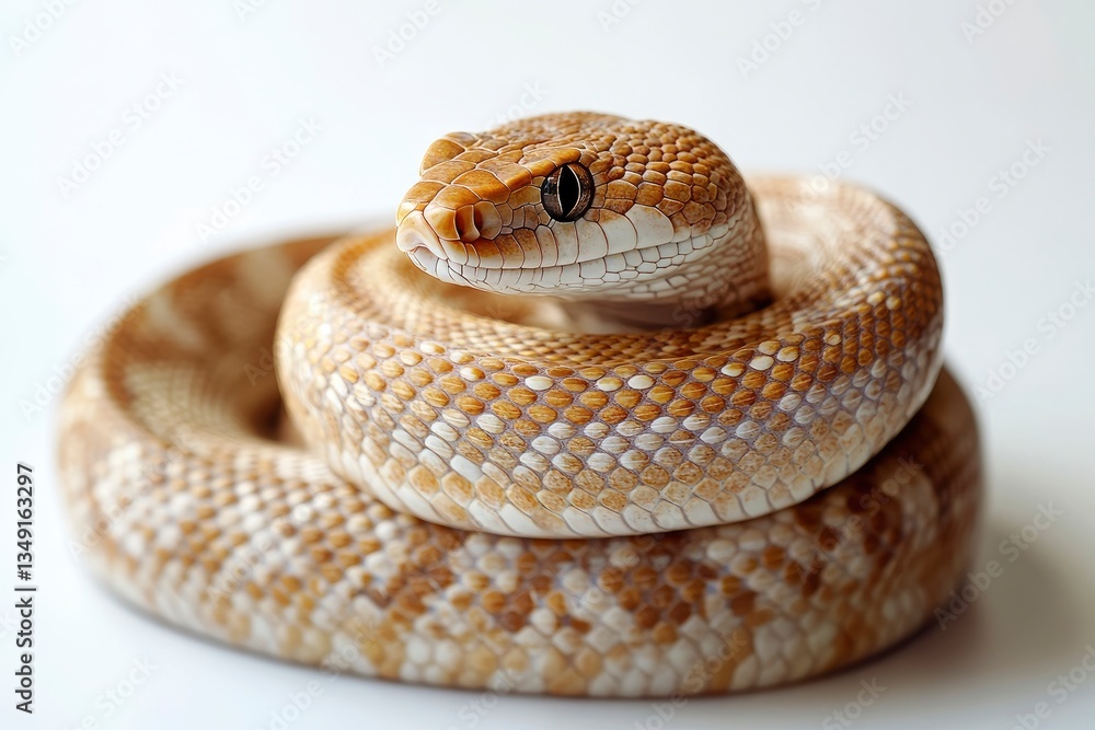 Fototapeta premium Coiled Snake Close Up on White Background Wildlife Animal Portrait