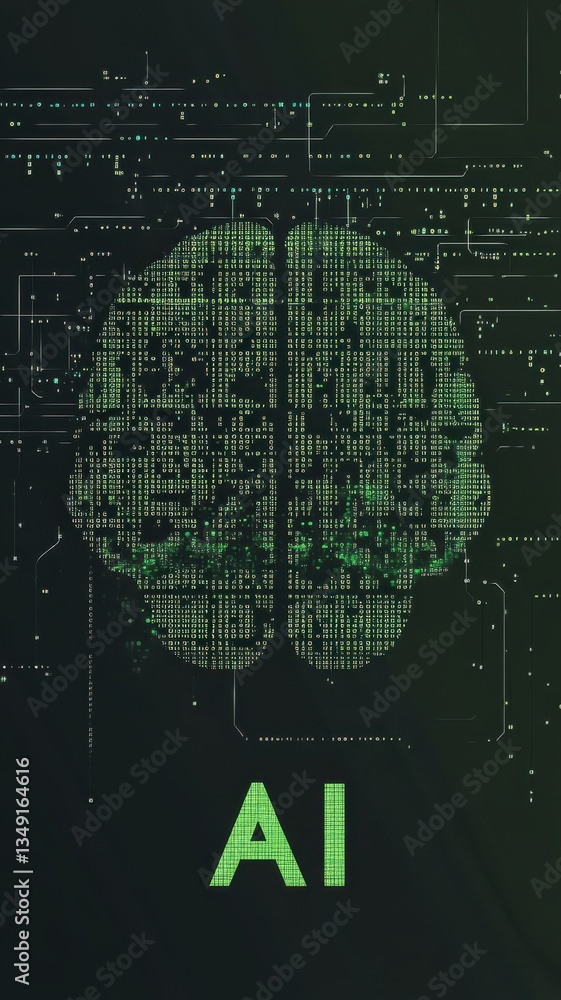 Artificial Intelligence Brain and Binary Code Illustration.