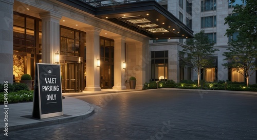 Elegant Hotel Entrance with Valet Parking Sign at Dusk or Evening