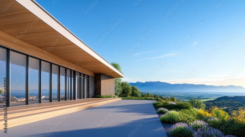 A modern house with large windows overlooks a scenic landscape of mountains and greenery under a clear blue sky, sustainable living lifestyle. A modern house with large windows overlooks a scenic landscape of mountains and greenery under a clear blue sky, sustainable living lifestyle.