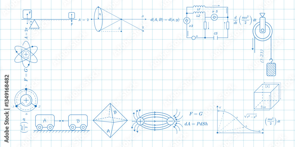 School background in physics and mathematics .Formulas and drawings. Scientific research. Vector , illustration. School background in physics and mathematics .Formulas and drawings. Scientific research. Vector , illustration.