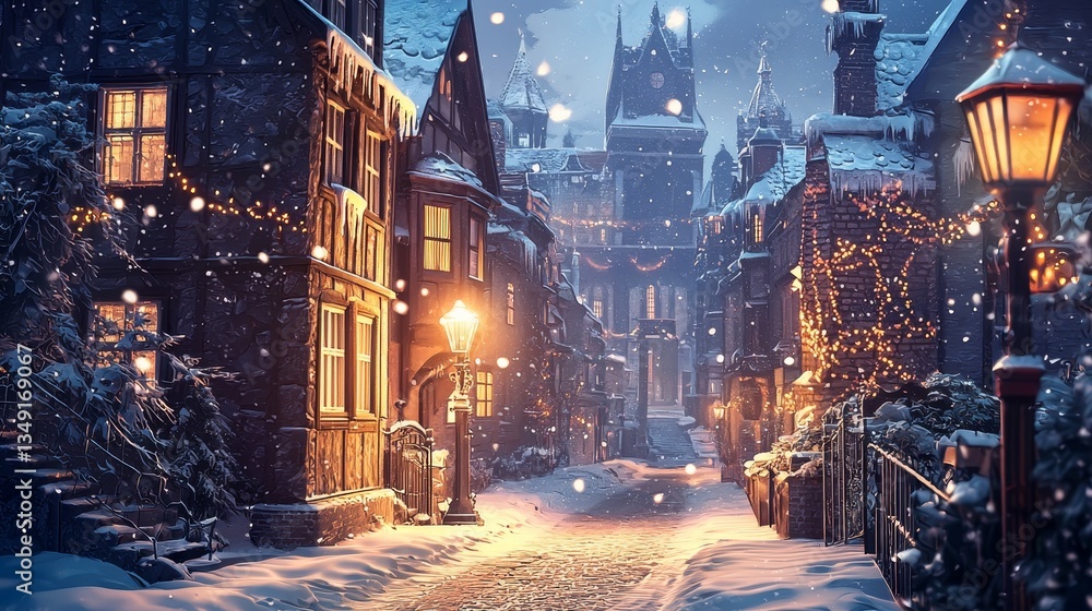 Obraz premium Snow-covered old town street, colorful facades glowing under lamppost light, winter night with a magical vibe, fantasy illustration, cool tones