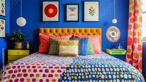Vibrant pop art bedroom with bold color blocks, graphic patterns, isolated on royal blue, retro aesthetic, playful tone