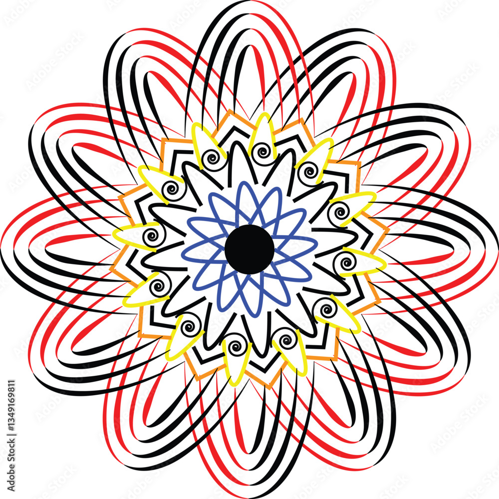The image clearly displays the radial symmetry and repeating patterns characteristic of a mandala. The image clearly displays the radial symmetry and repeating patterns characteristic of a mandala.