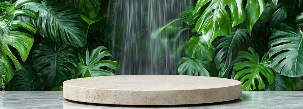A podium made of smooth river stones, standing beside a serene waterfall surrounded by lush tropical plants A podium made of smooth river stones, standing beside a serene waterfall surrounded by lush tropical plants