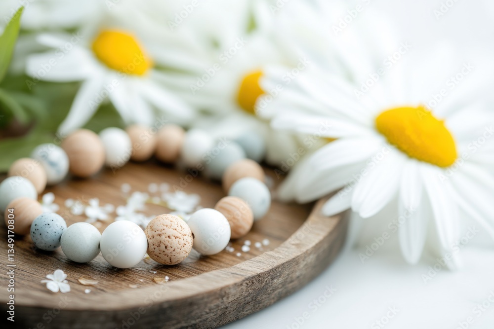 Delicate pastel bead bracelets displayed on a rustic tray with fresh daisies and morning dew glistening softly Delicate pastel bead bracelets displayed on a rustic tray with fresh daisies and morning dew glistening softly