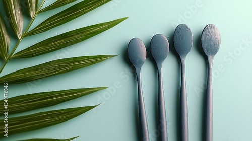 Wallpaper Mural Gray Spoons and Palm Leaf Minimalist Flatlay Torontodigital.ca