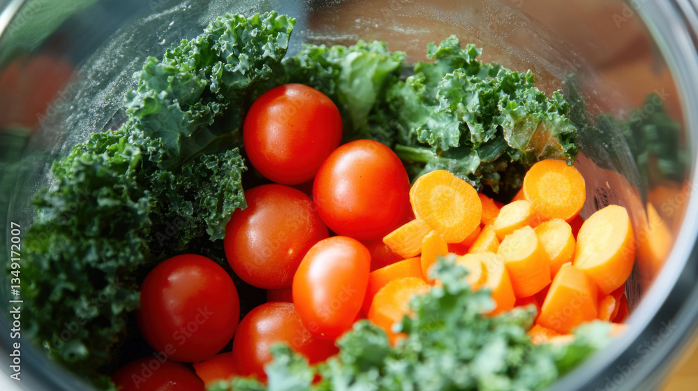 Fresh Kale, Cherry Tomatoes, and Carrots in a Bowl Ready for Healthy Meal Prep or Cooking in a Rustic Kitchen Setting Fresh Kale, Cherry Tomatoes, and Carrots in a Bowl Ready for Healthy Meal Prep or Cooking in a Rustic Kitchen Setting