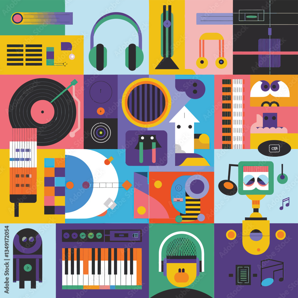 2d vector illustration icon cool entertainment cartoon character music tools (Drum , Music Note , Headphones ,Microphone , Piano , Guitar ,Record)
2d vector illustration icon cool entertainment cartoon character music tools (Drum , Music Note , Headphones ,Microphone , Piano , Guitar ,Record)