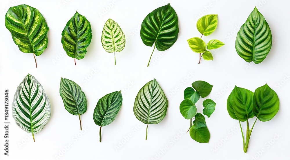 Flat lay of various green leaves on white. Flat lay of various green leaves on white.