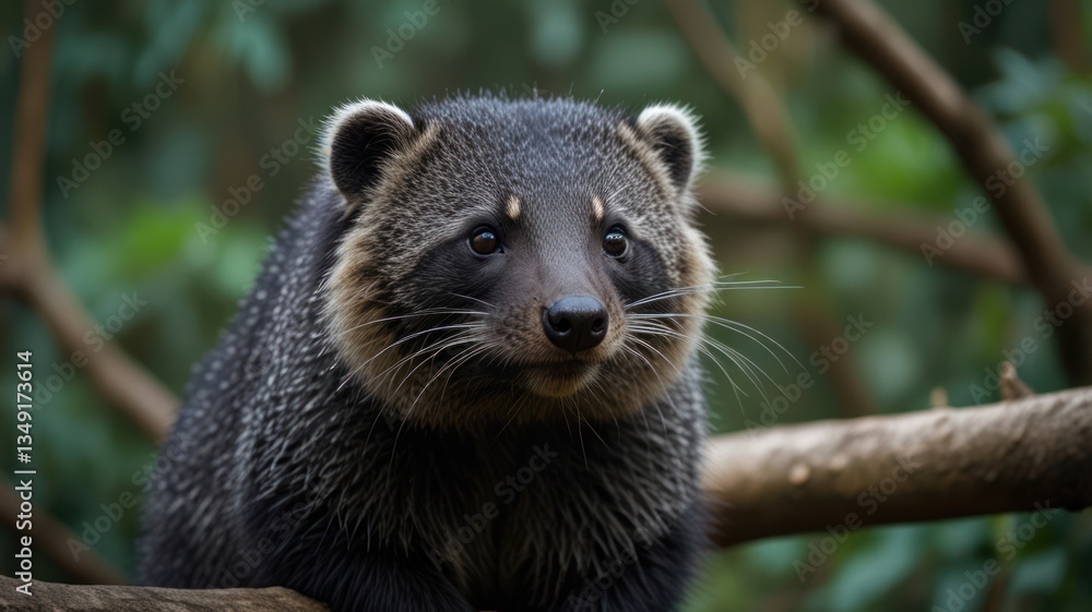 Obraz premium Close-up of a ringtail. Dense fur, dark eyes, alert expression, perched on branch. Tropical forest backdrop