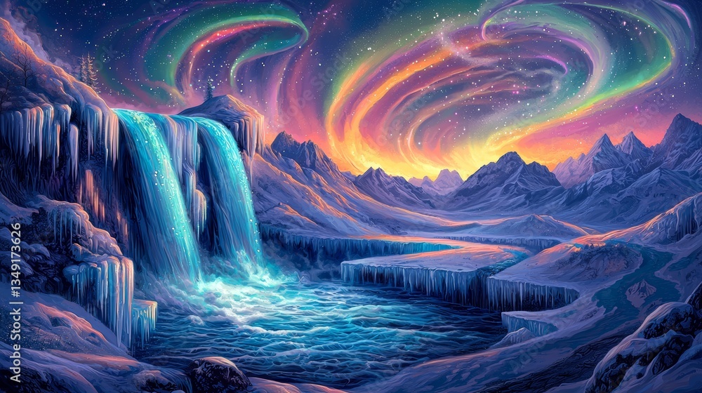 Fototapeta premium Psychedelic winter landscape with vibrant glowing waterfalls, icy fractal patterns, swirling auroras in the sky, neon art style