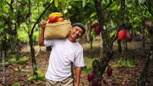 Foto A smiling indonesian cacao farmer looking at the camera, a basket full of colorf
