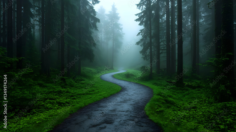 Fototapeta premium Winding Path Through a Misty Green Forest