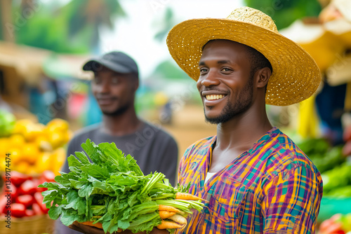 Smiling farmer displaying fresh vegetables at lively market colorful setting with various produce stands concept of local agriculture community support wellness.